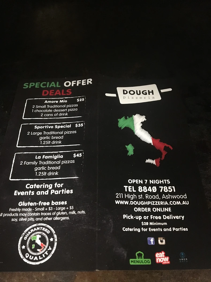 Menu, Dough Pizzeria & Pasta Ashwood