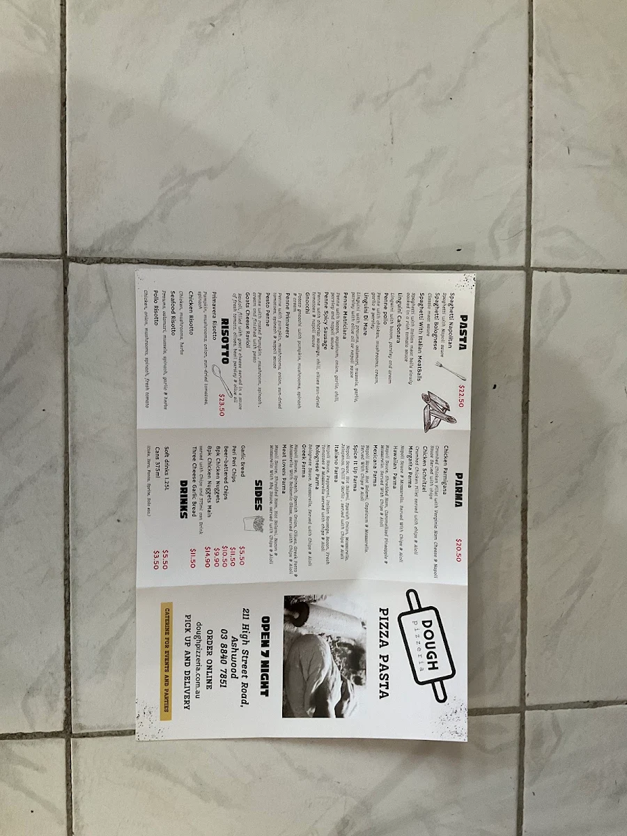 Menu, Dough Pizzeria & Pasta Ashwood