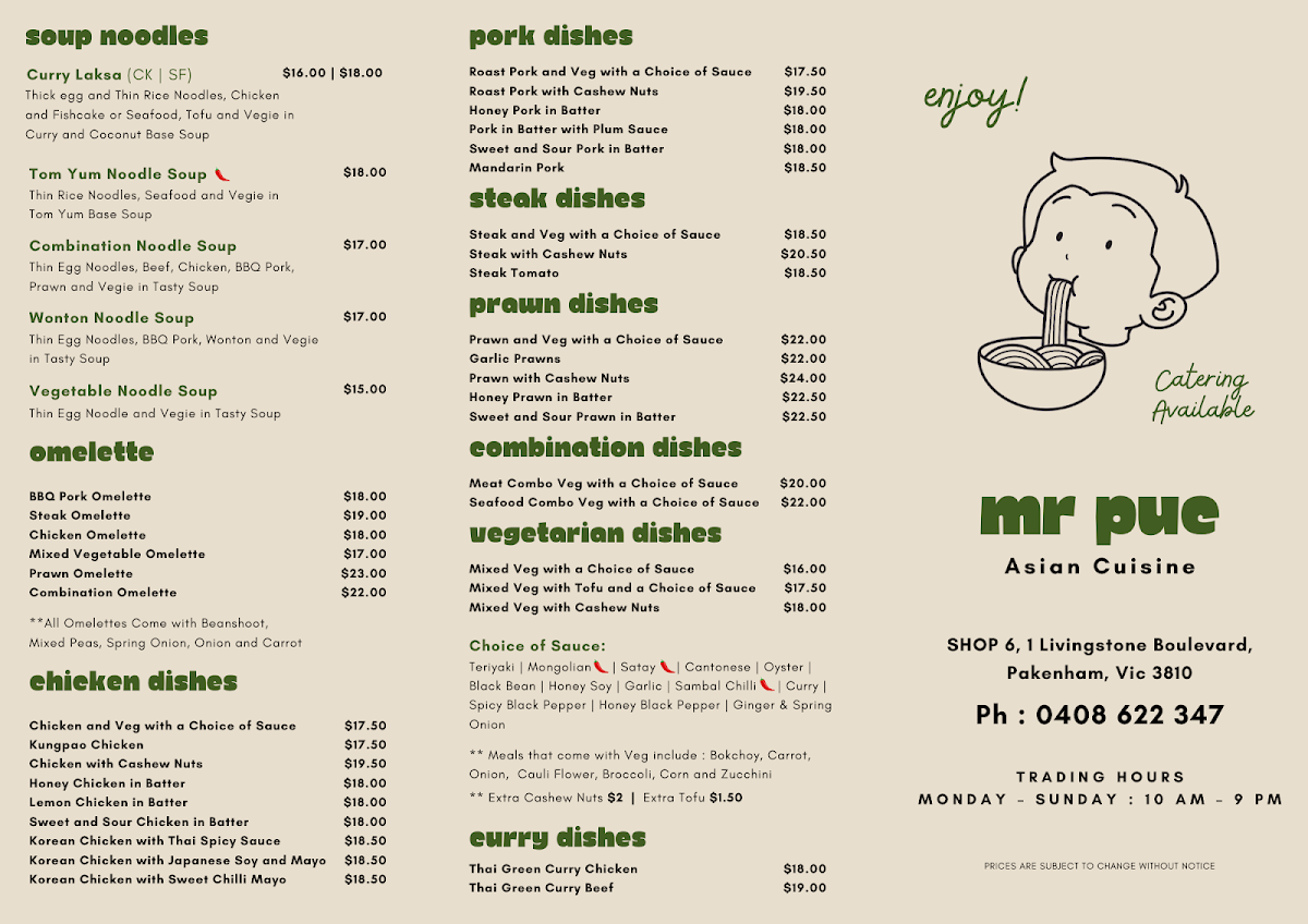 Menu, Mr Puc Pakenham - Asian Cuisine