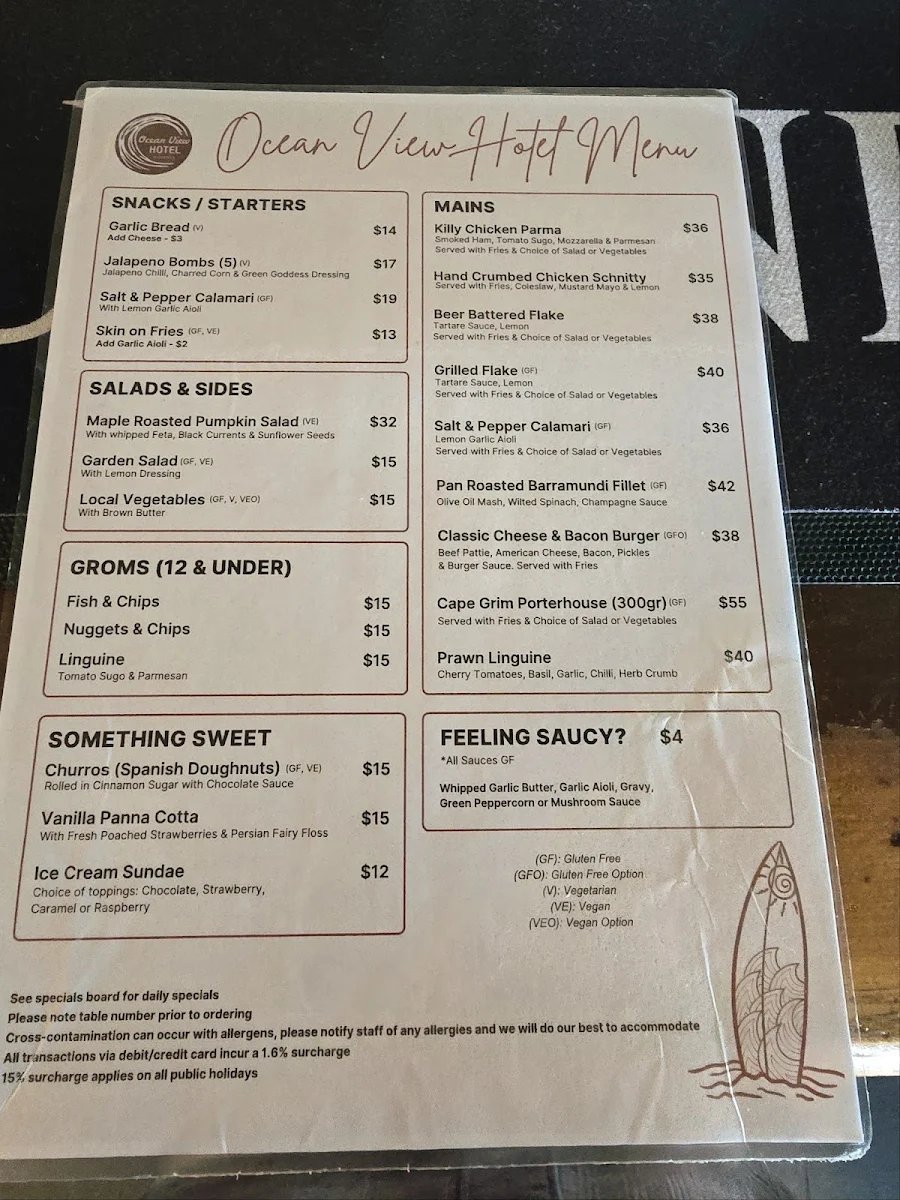 Menu, Kilcunda Ocean View Hotel