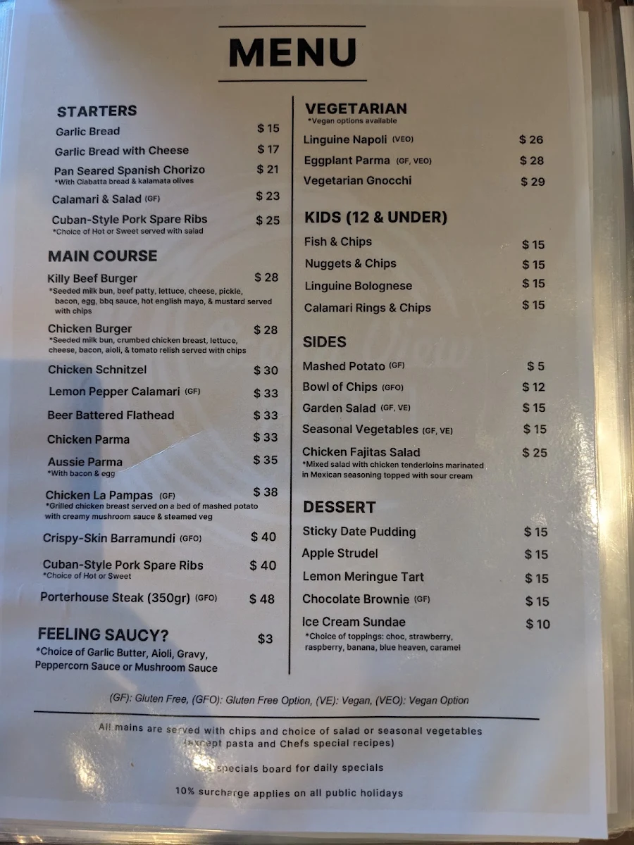 Menu, Kilcunda Ocean View Hotel