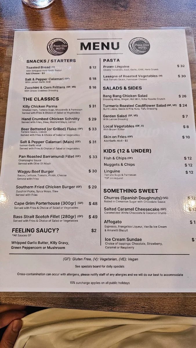 Menu, Kilcunda Ocean View Hotel