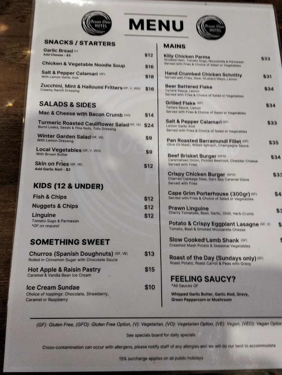 Menu, Kilcunda Ocean View Hotel