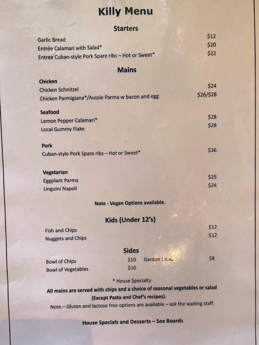 Menu, Kilcunda Ocean View Hotel
