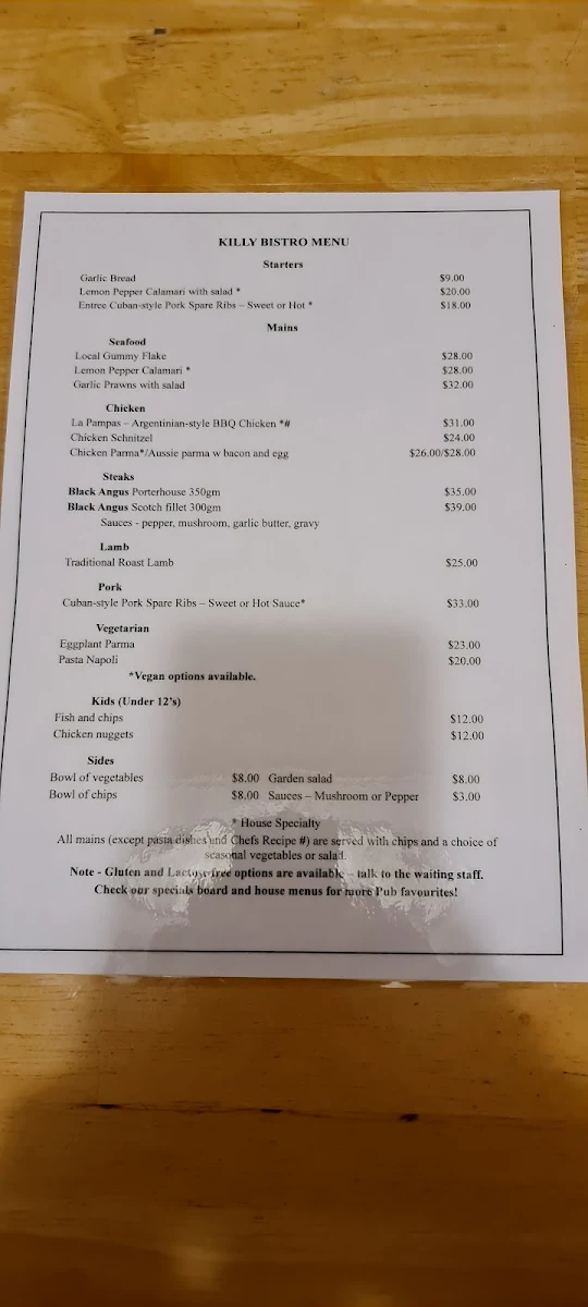 Menu, Kilcunda Ocean View Hotel
