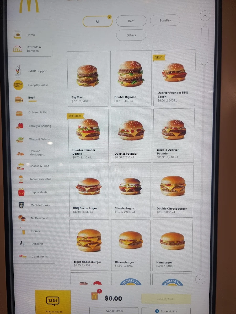 Menu, McDonald's Belconnen Food Court