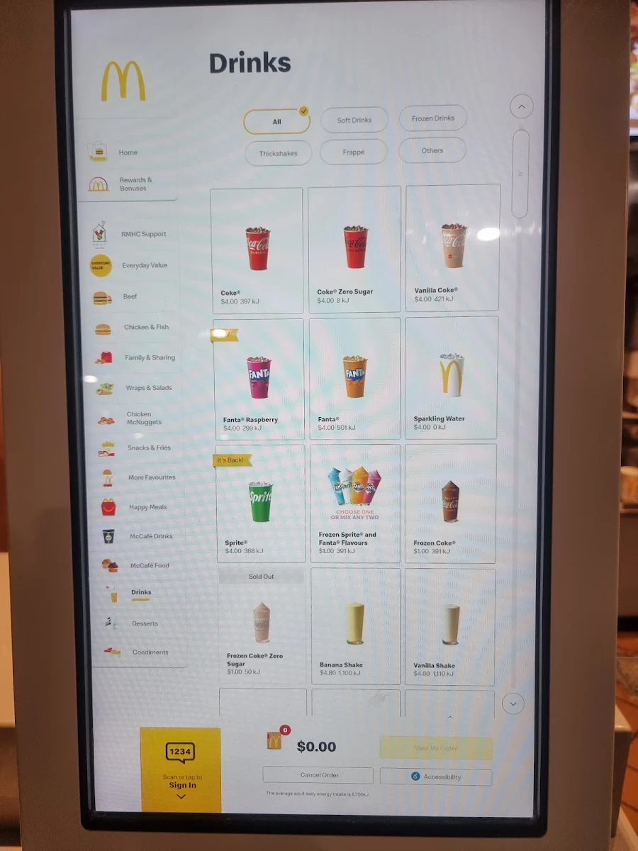 Menu, McDonald's Belconnen Food Court