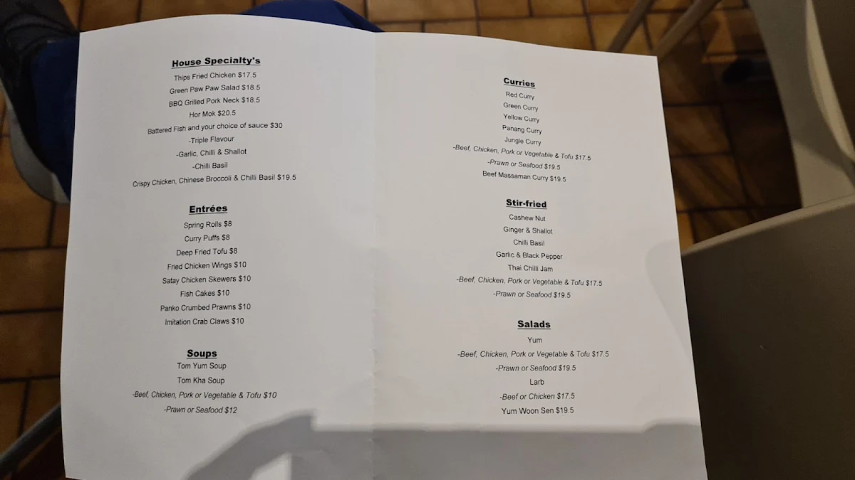 Menu, Thip's Thai Takeaway