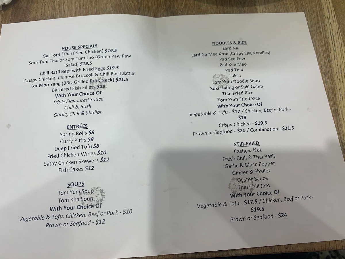 Menu, Thip's Thai Takeaway