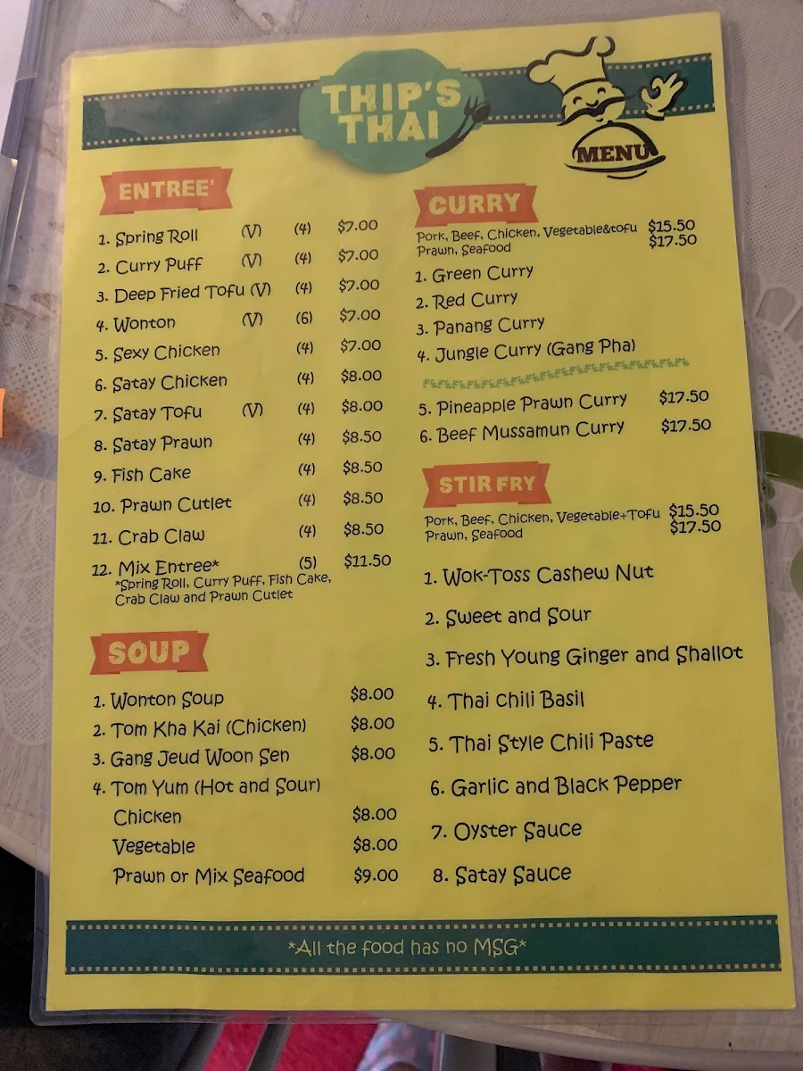 Menu, Thip's Thai Takeaway