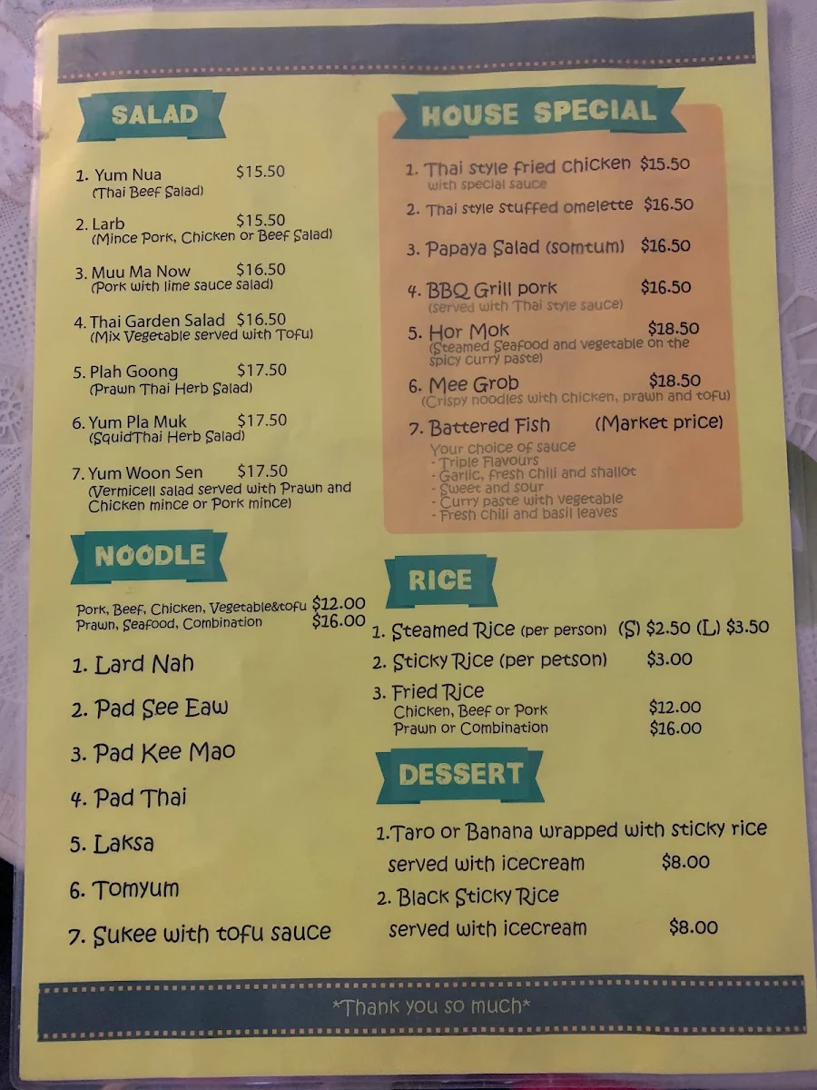 Menu, Thip's Thai Takeaway