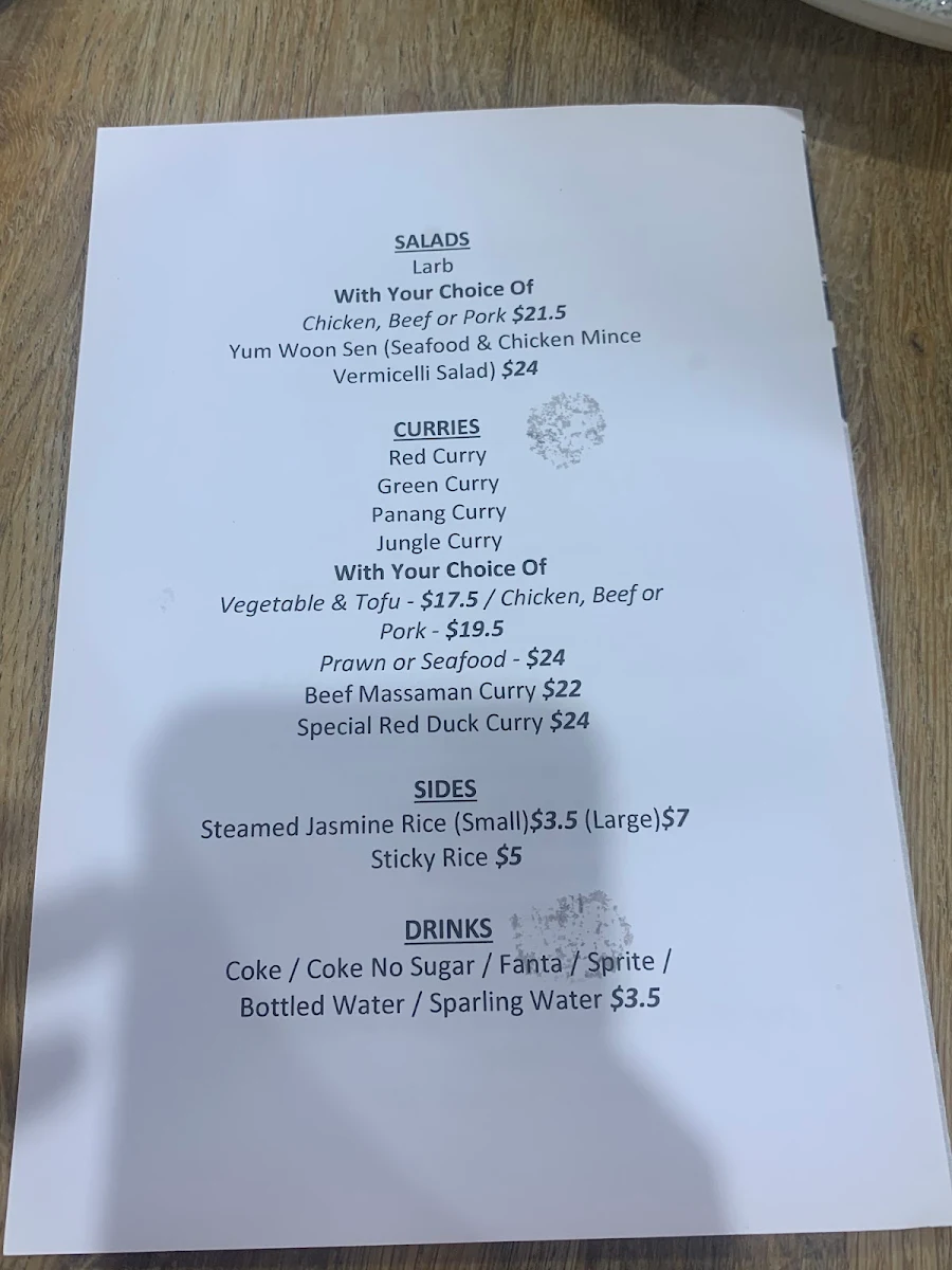 Menu, Thip's Thai Takeaway