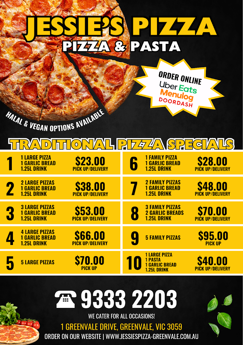 Menu, Jessie's Pizza Greenvale