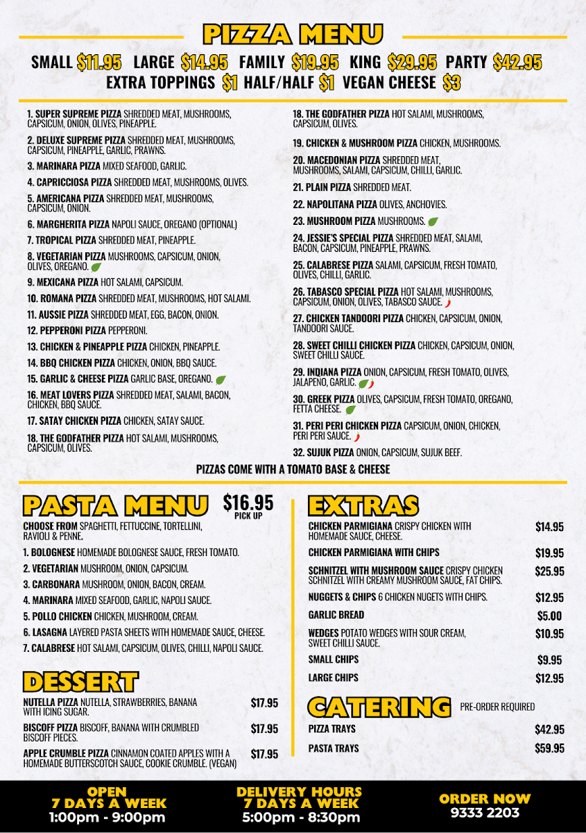 Menu, Jessie's Pizza Greenvale