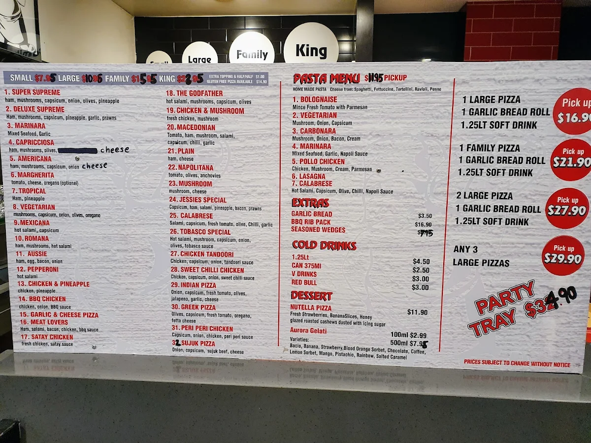 Menu, Jessie's Pizza Greenvale