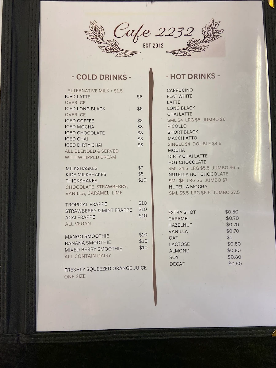 Menu, Cafe 2232 Loftus