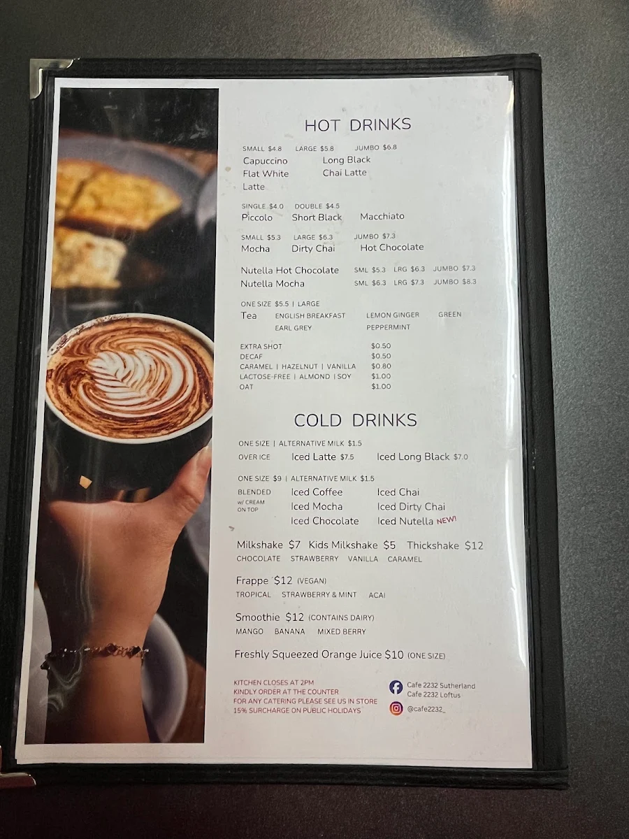 Menu, Cafe 2232 Loftus