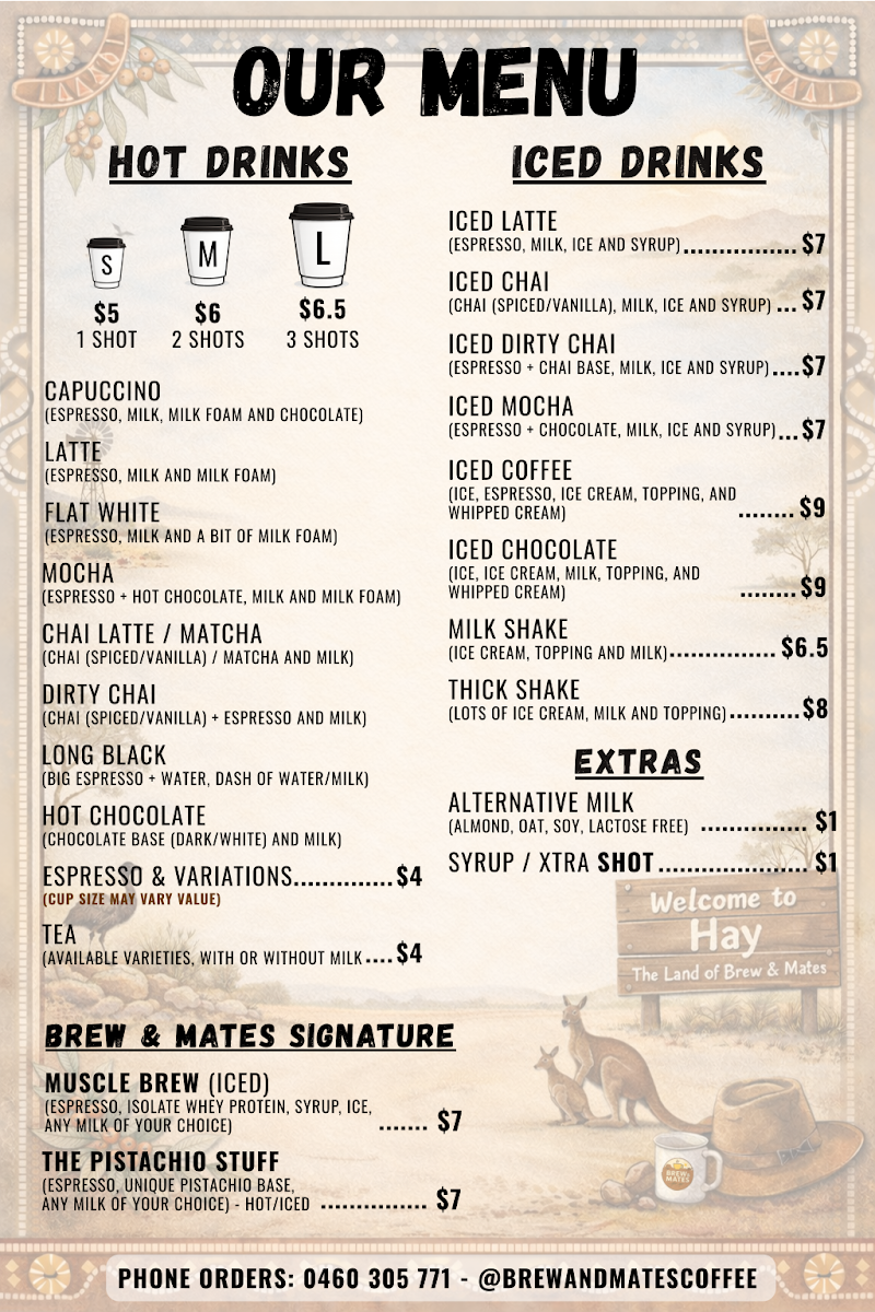 Menu, Brew & Mates Coffee