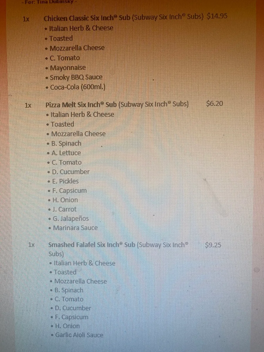 Menu, Subway