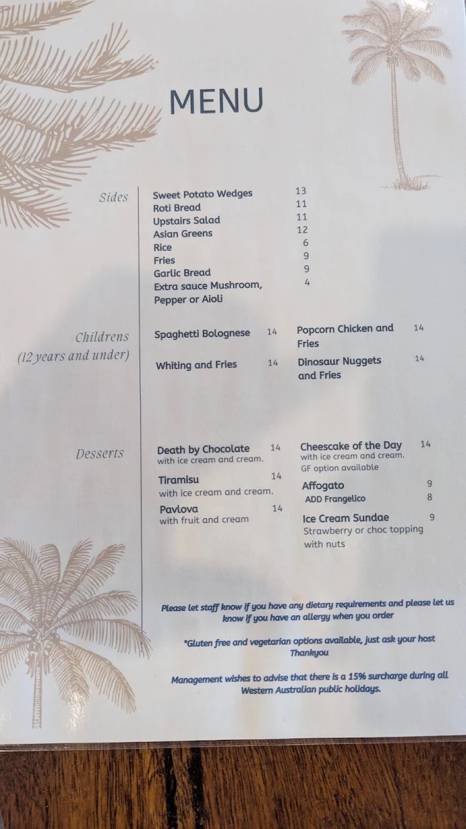 Menu, Upstairs Restaurant