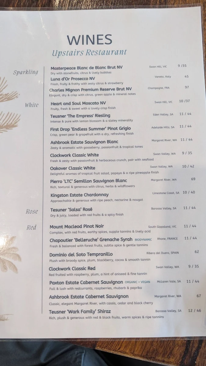Menu, Upstairs Restaurant