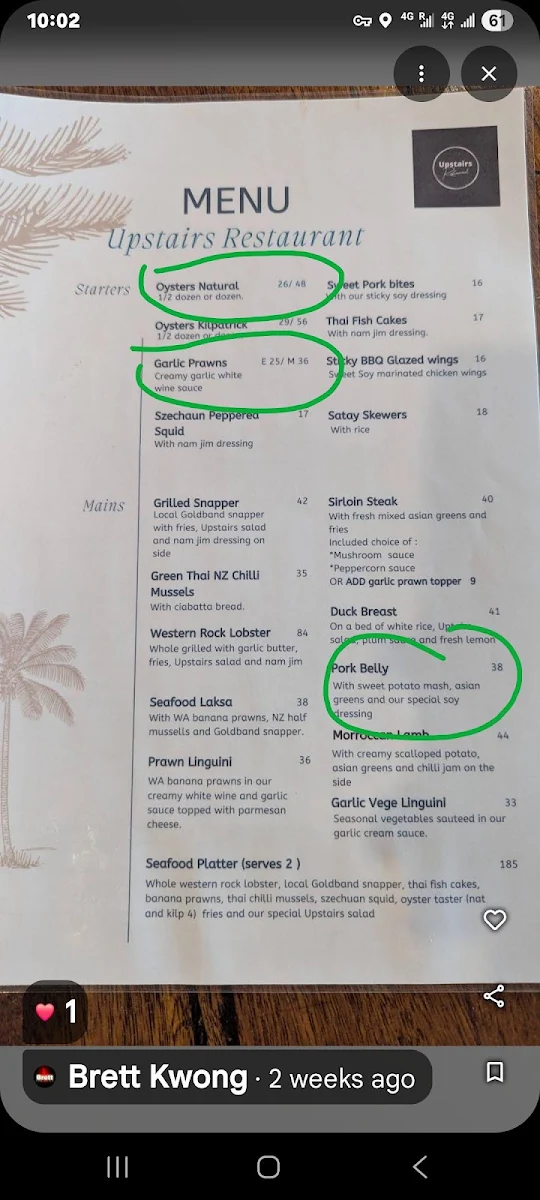 Menu, Upstairs Restaurant