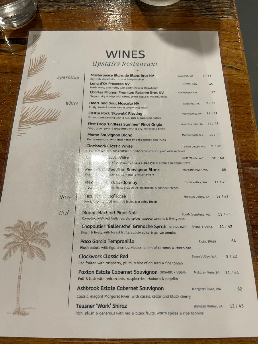 Menu, Upstairs Restaurant