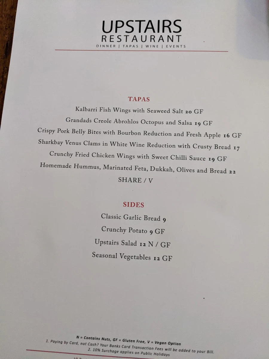 Menu, Upstairs Restaurant