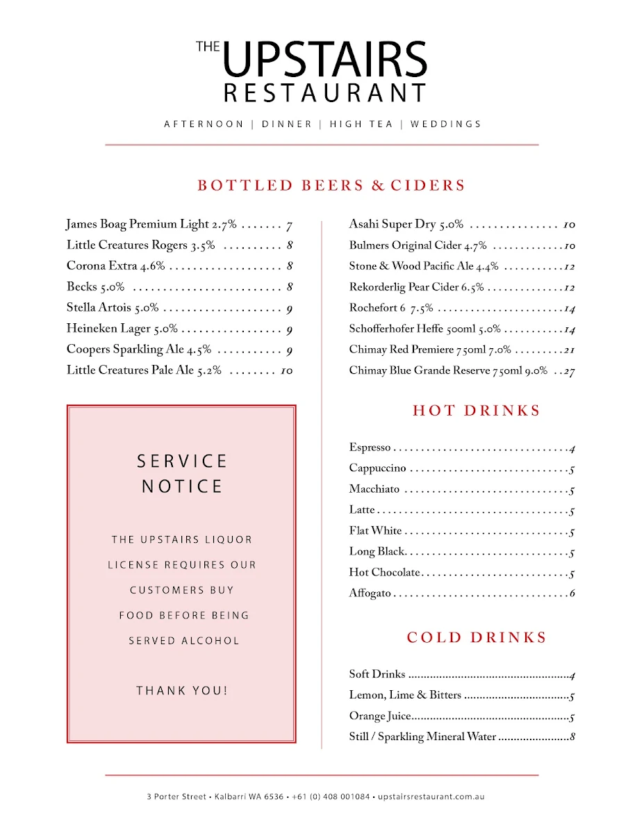 Menu, Upstairs Restaurant