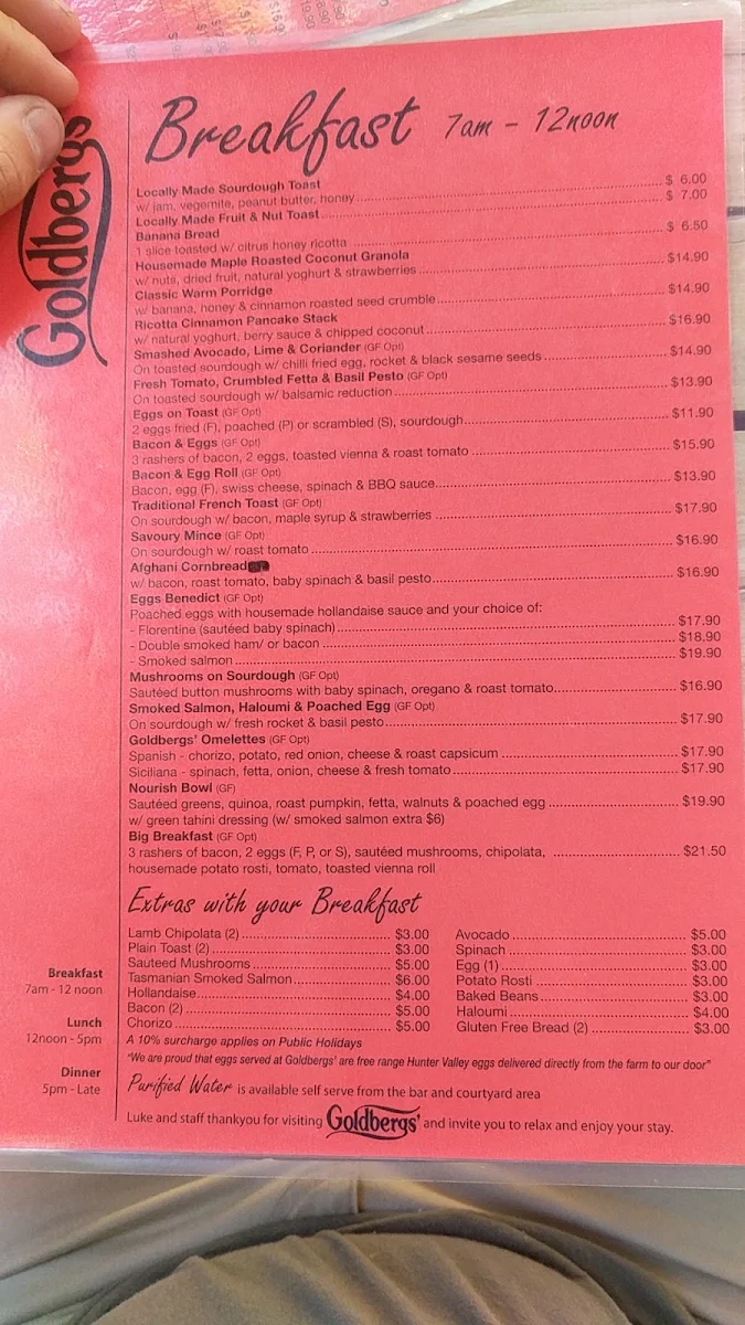 Menu, Goldbergs Coffee House