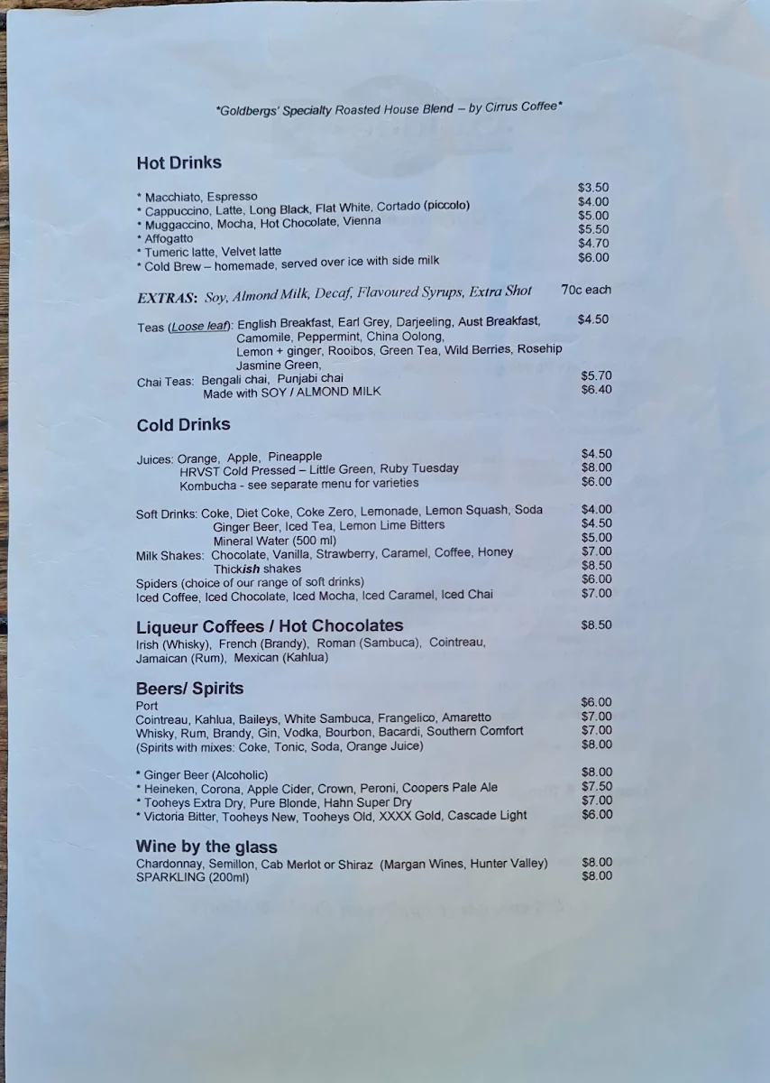 Menu, Goldbergs Coffee House