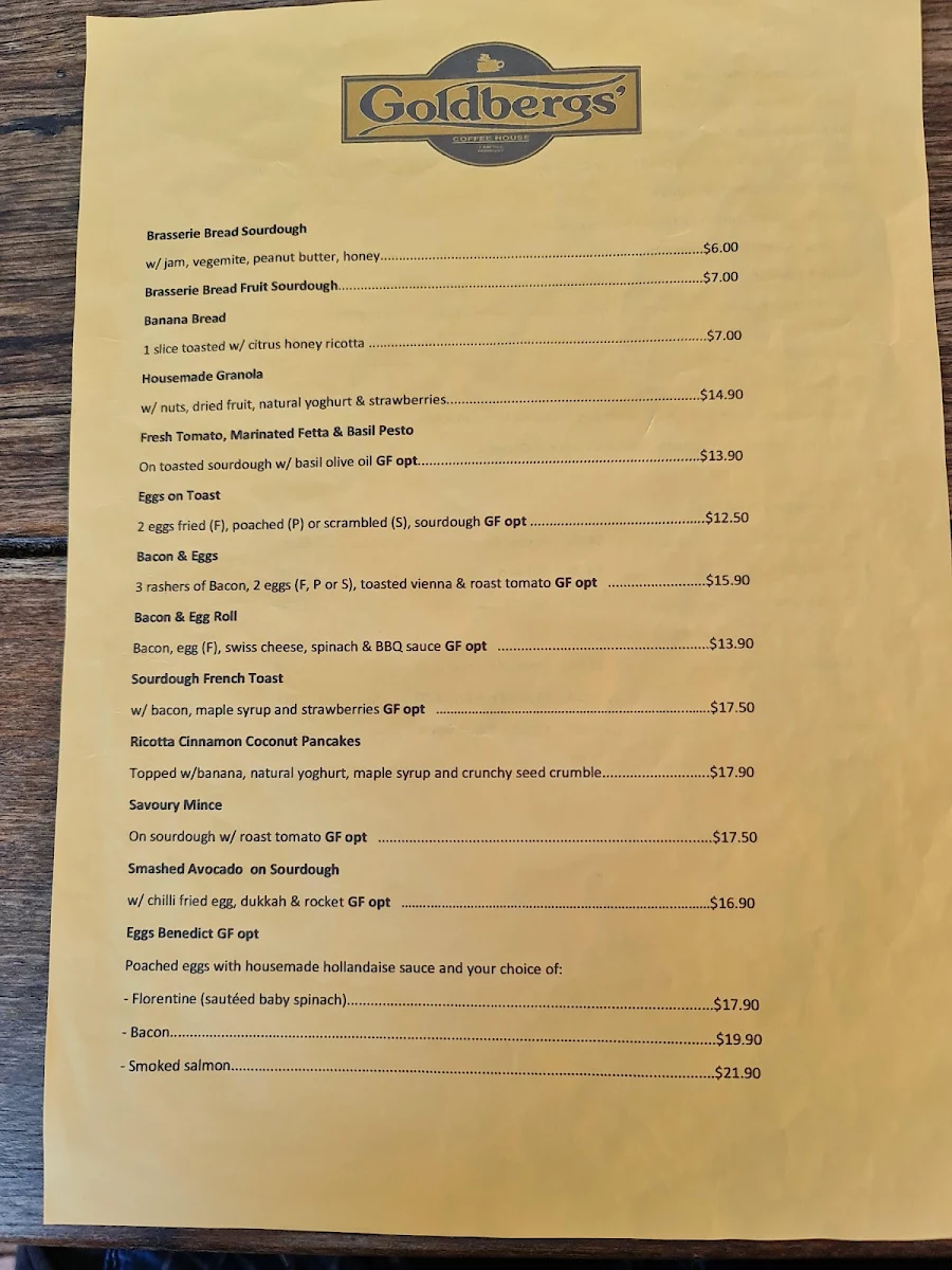 Menu, Goldbergs Coffee House