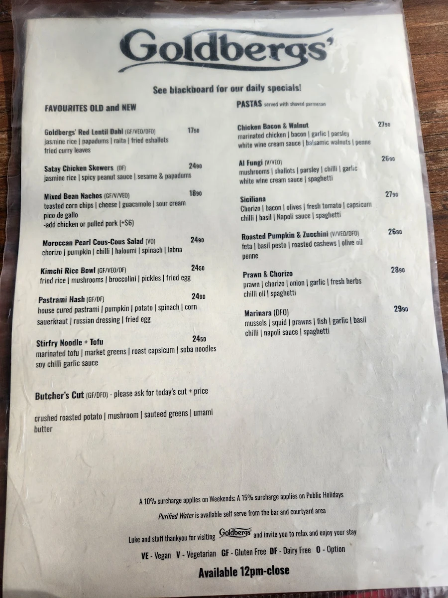 Menu, Goldbergs Coffee House