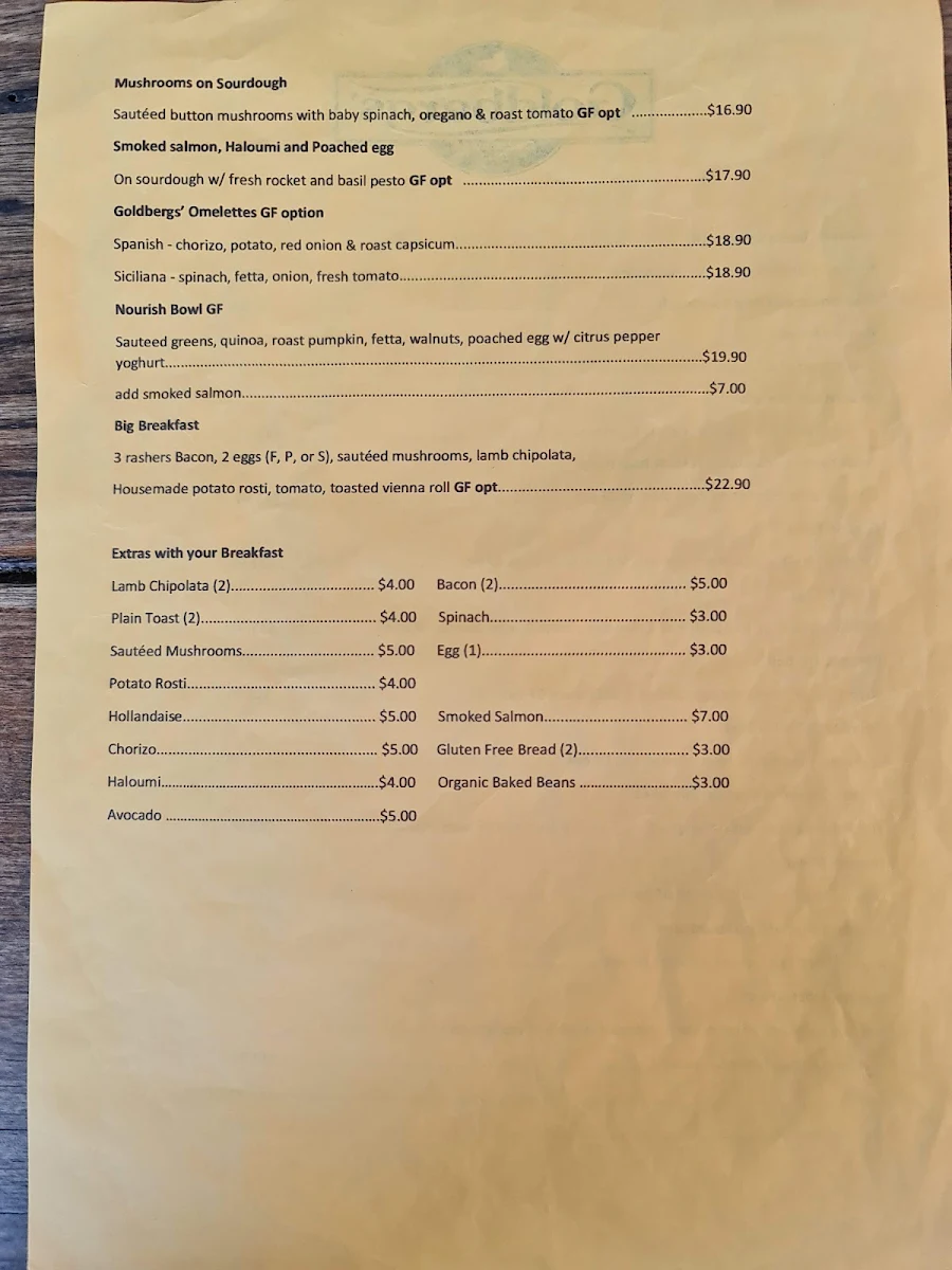 Menu, Goldbergs Coffee House