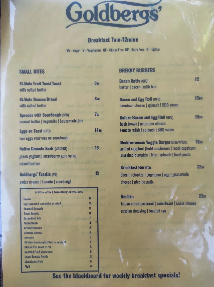 Menu, Goldbergs Coffee House