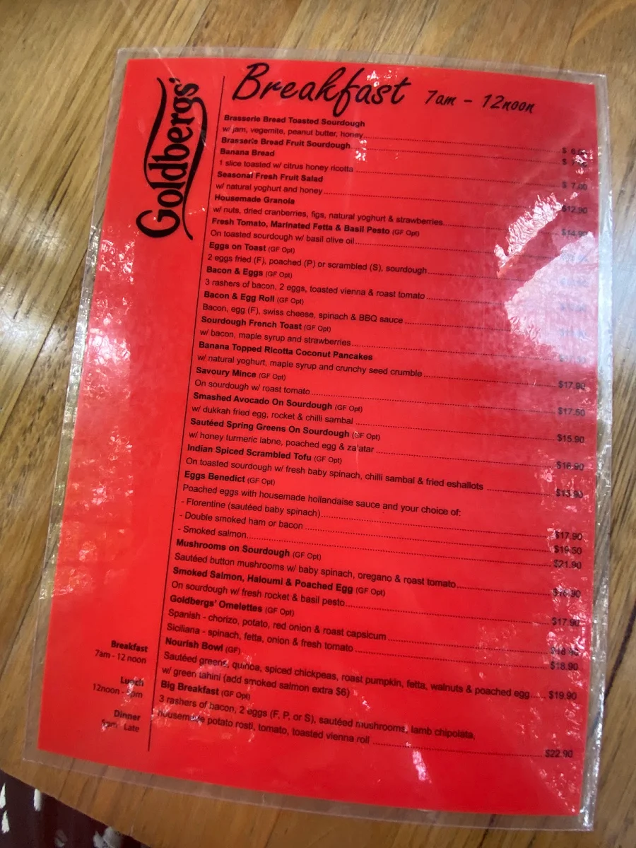 Menu, Goldbergs Coffee House