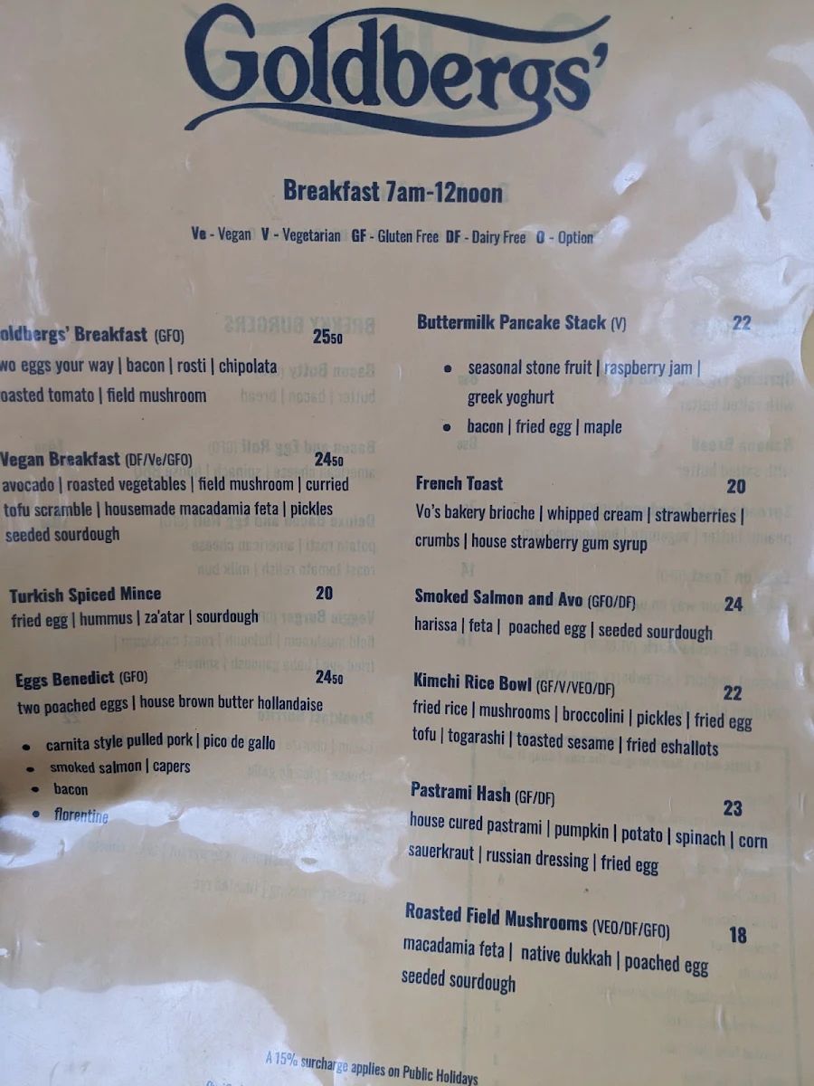 Menu, Goldbergs Coffee House