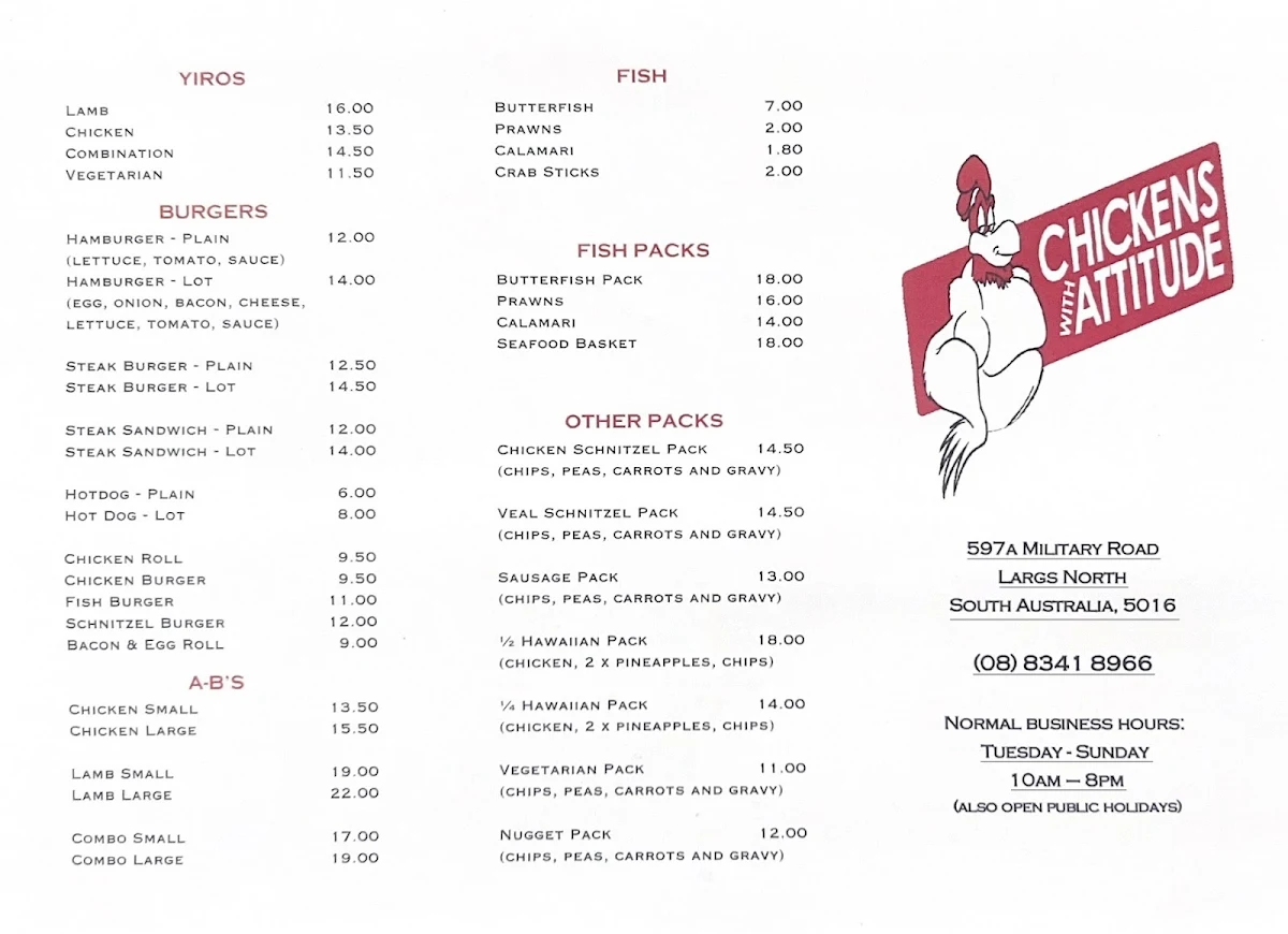 Menu, Chickens With Attitude