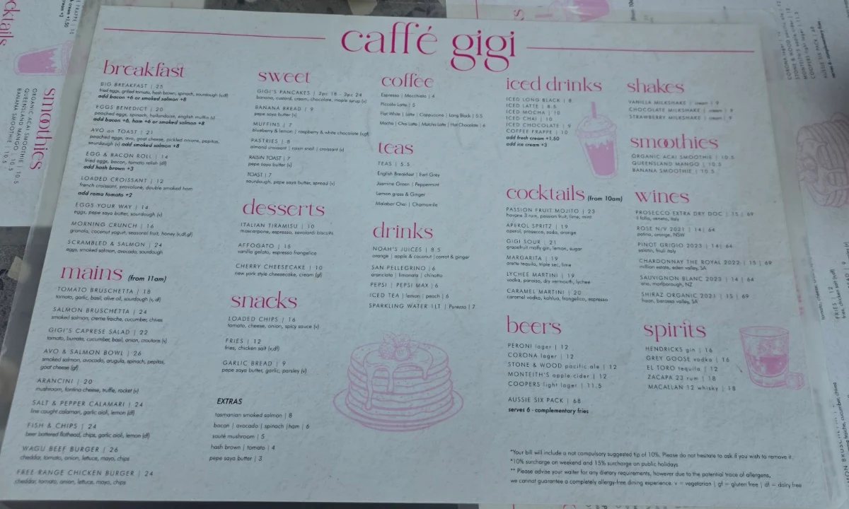 Menu, Caffe Gigi