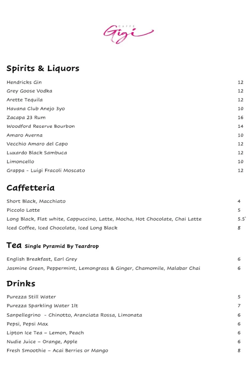 Menu, Caffe Gigi