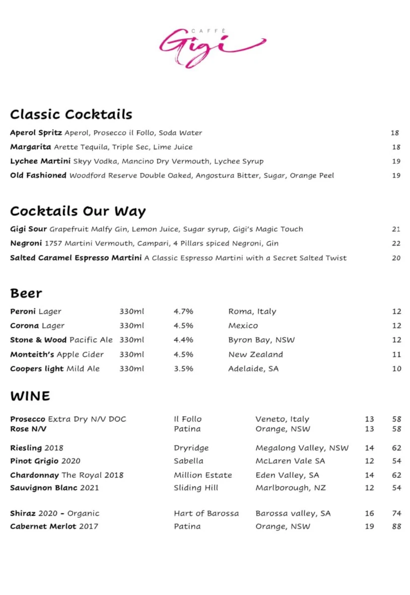 Menu, Caffe Gigi