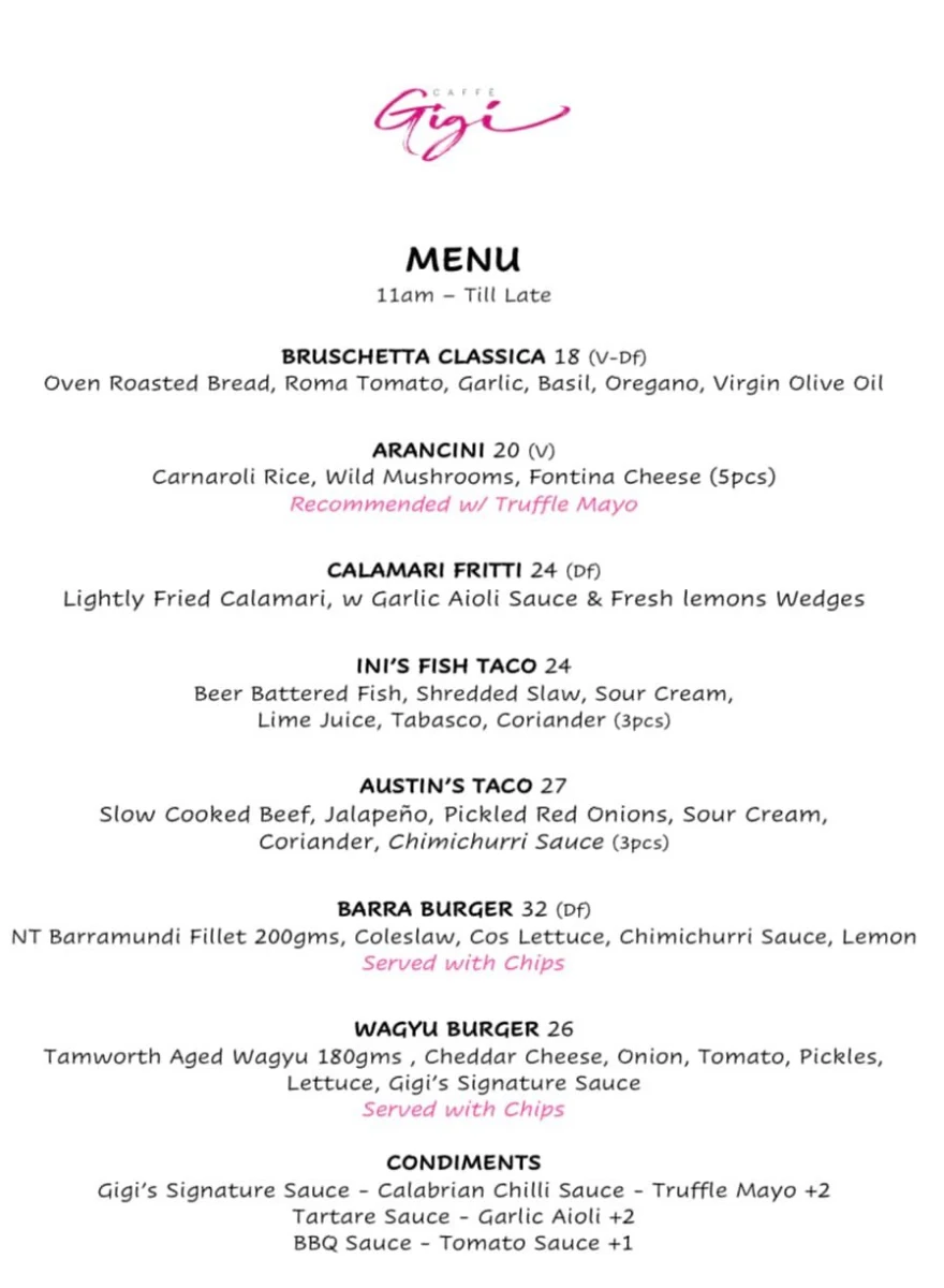 Menu, Caffe Gigi