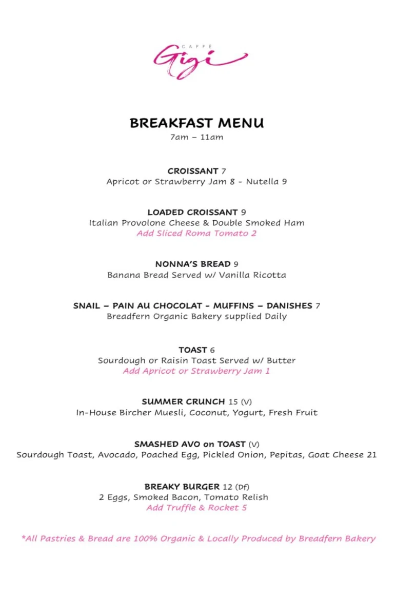 Menu, Caffe Gigi