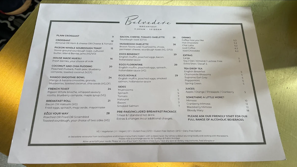 Menu, Belvedere Hobart