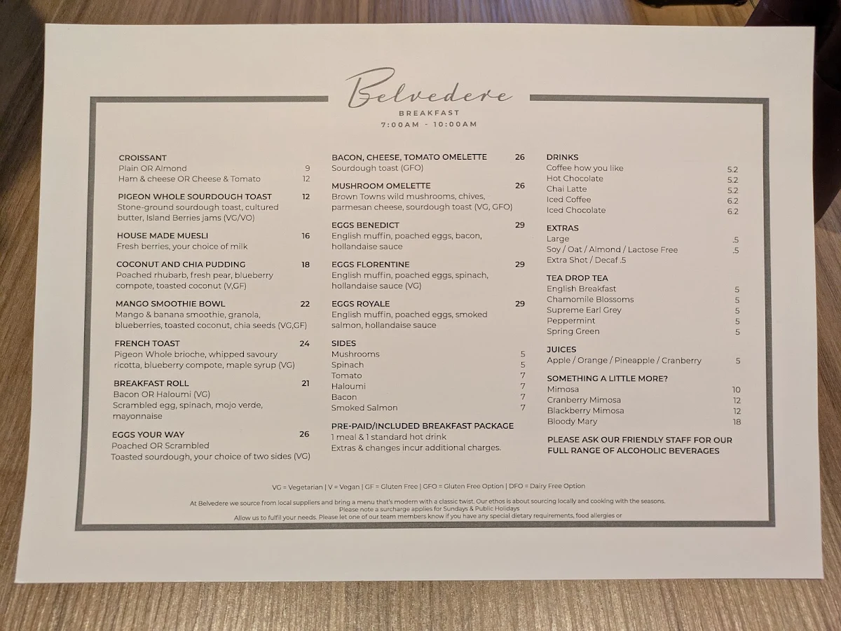 Menu, Belvedere Hobart