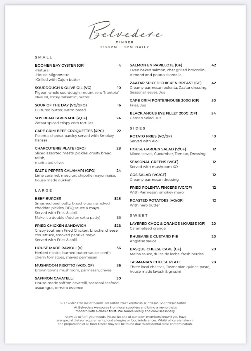 Menu, Belvedere Hobart