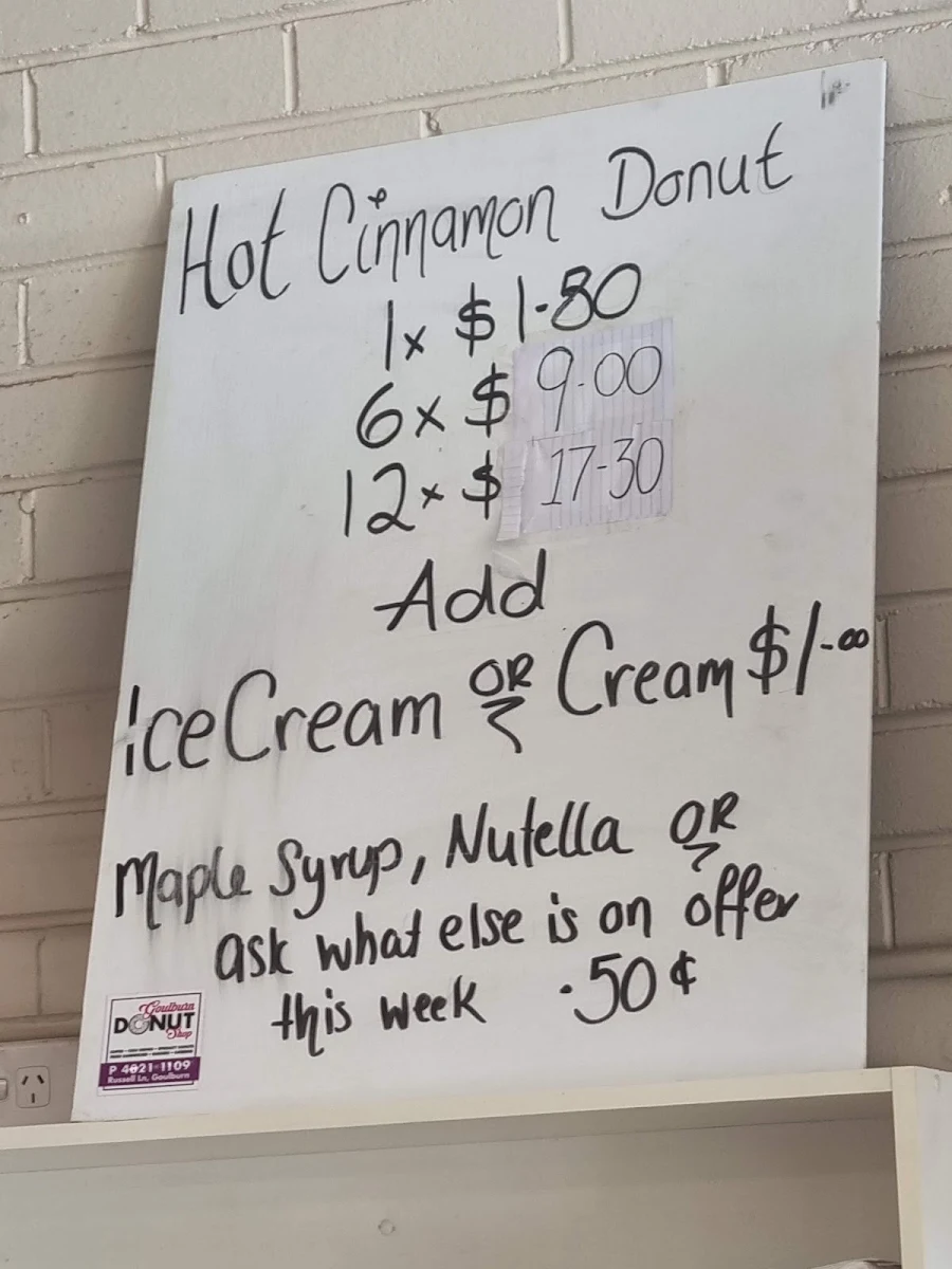 Menu, Goulburn Donut Shop