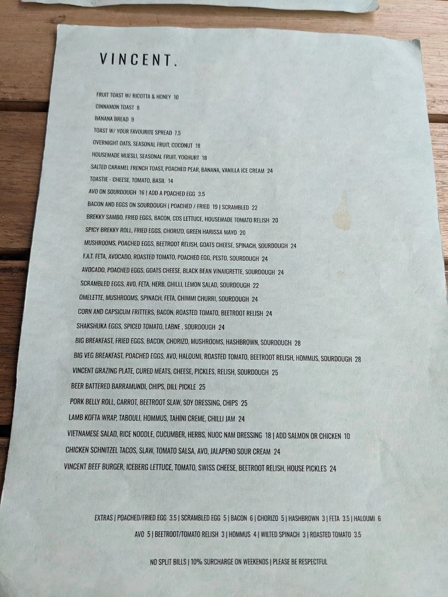Menu, Vincent Diner