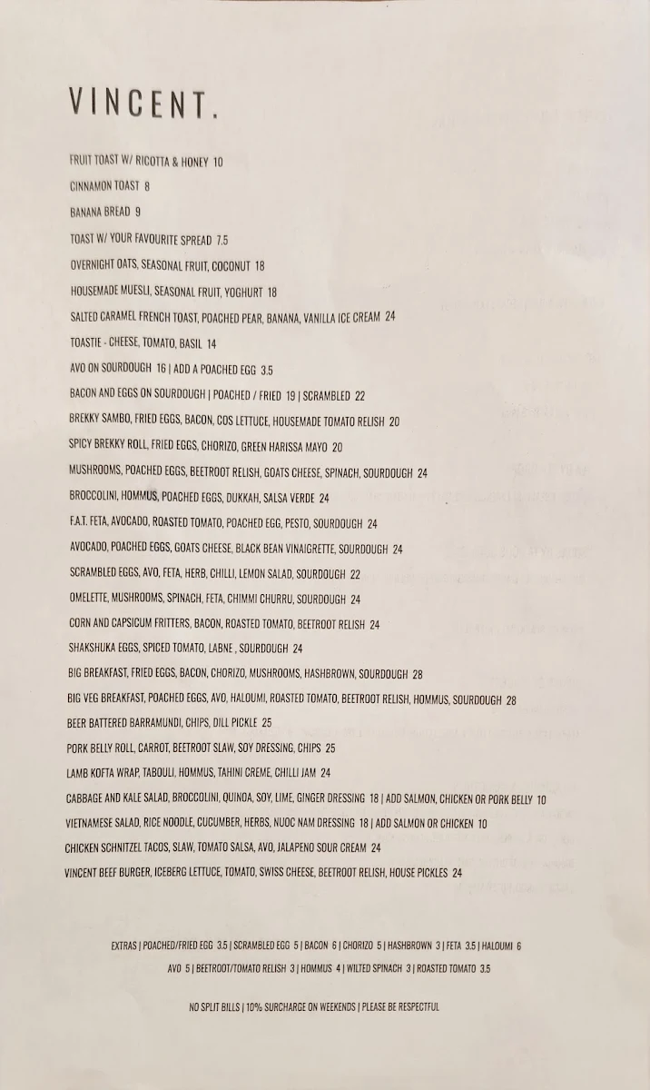 Menu, Vincent Diner