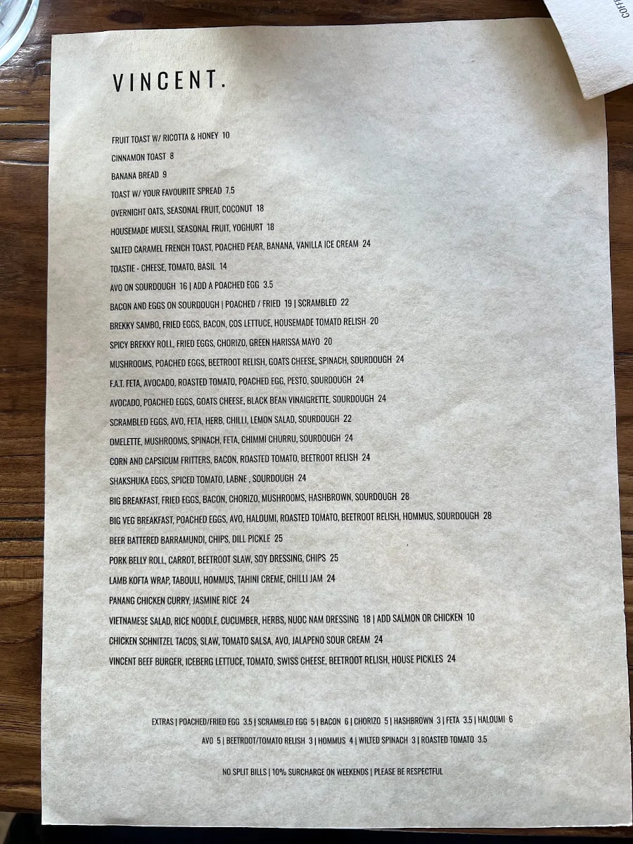 Menu, Vincent Diner